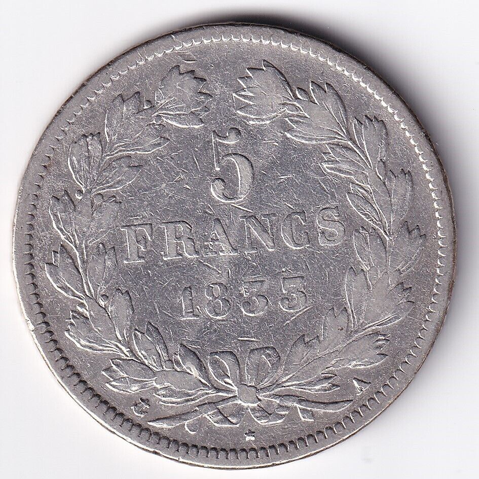 1833 A France 5 Francs Paris Louis Philippe Roi des Francais .900 Silver Large