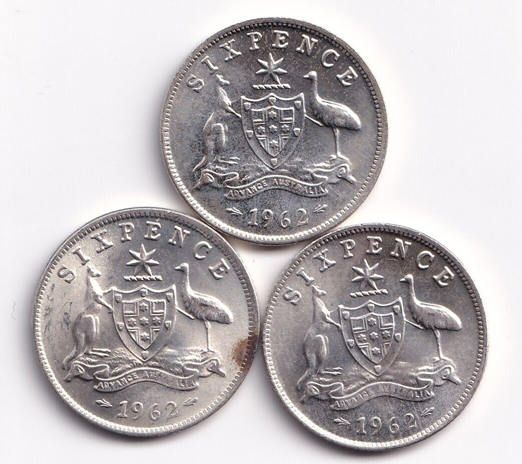 Lot Of Three Australia 1962 Sixpence Elizabeth II Silver Coins High Grades