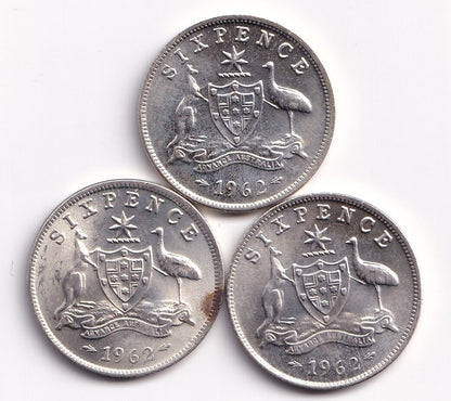 Lot Of Three Australia 1962 Sixpence Elizabeth II Silver Coins High Grades