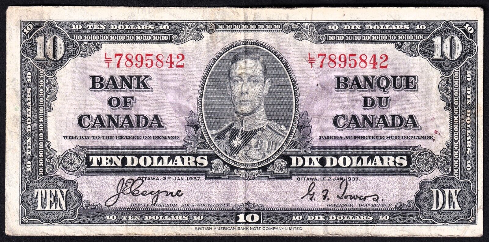 Canada 1937 $10 Ten Dollar Banknote Coyne - Towers L/T 7895842