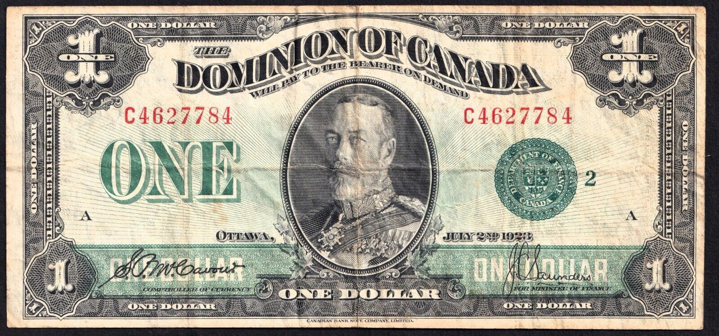 Dominion Of Canada 1923 $1 One Dollar Banknote McCavour - Saunders Green Seal