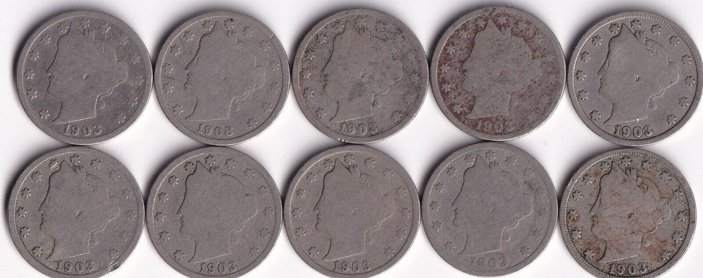 USA 1903 5c Liberty Head Nickel Lot Of Ten Harder Date