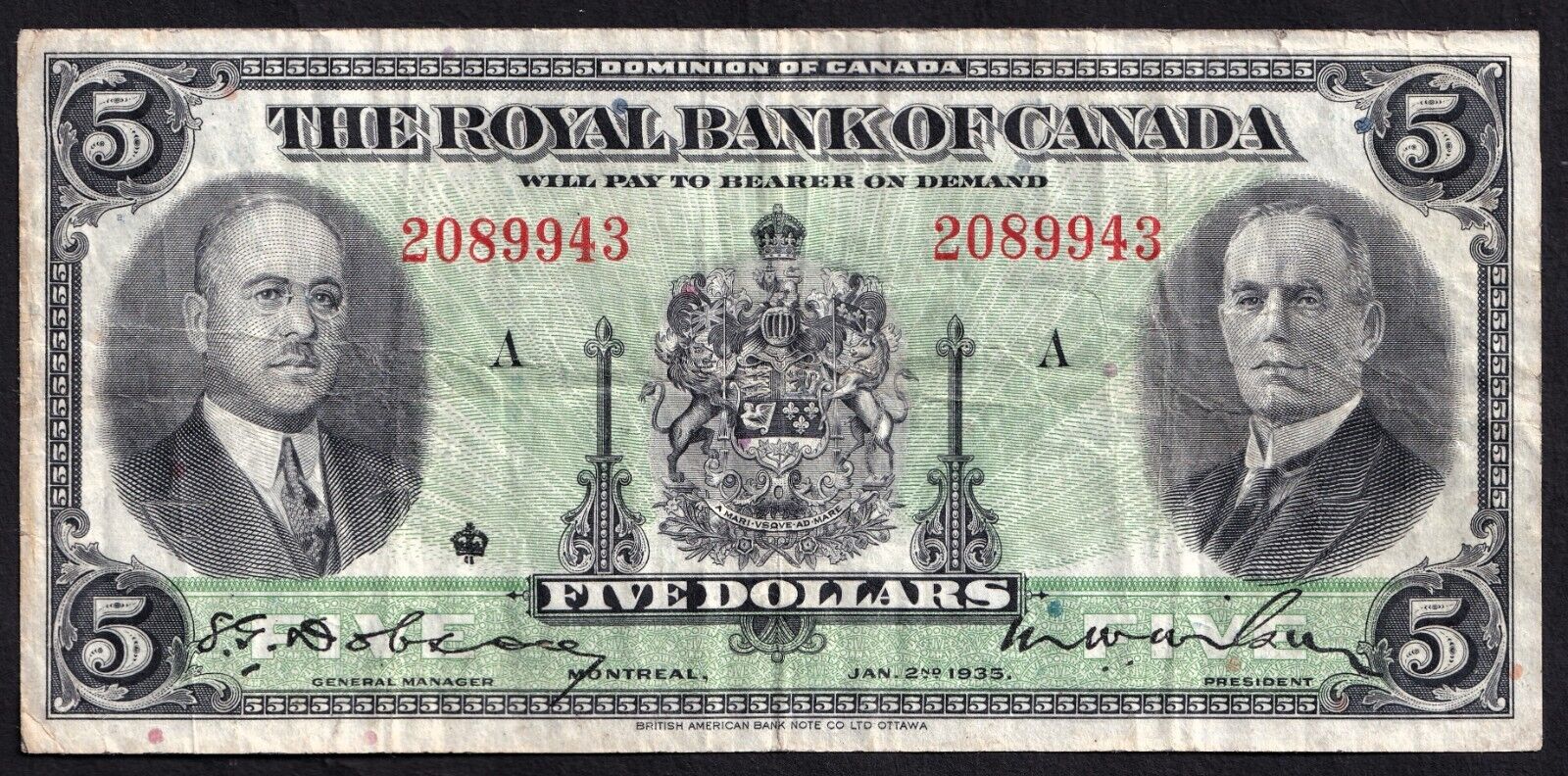 The Royal Bank Of Canada RBC 1935 $5 Five Dollar Banknote 18-02a