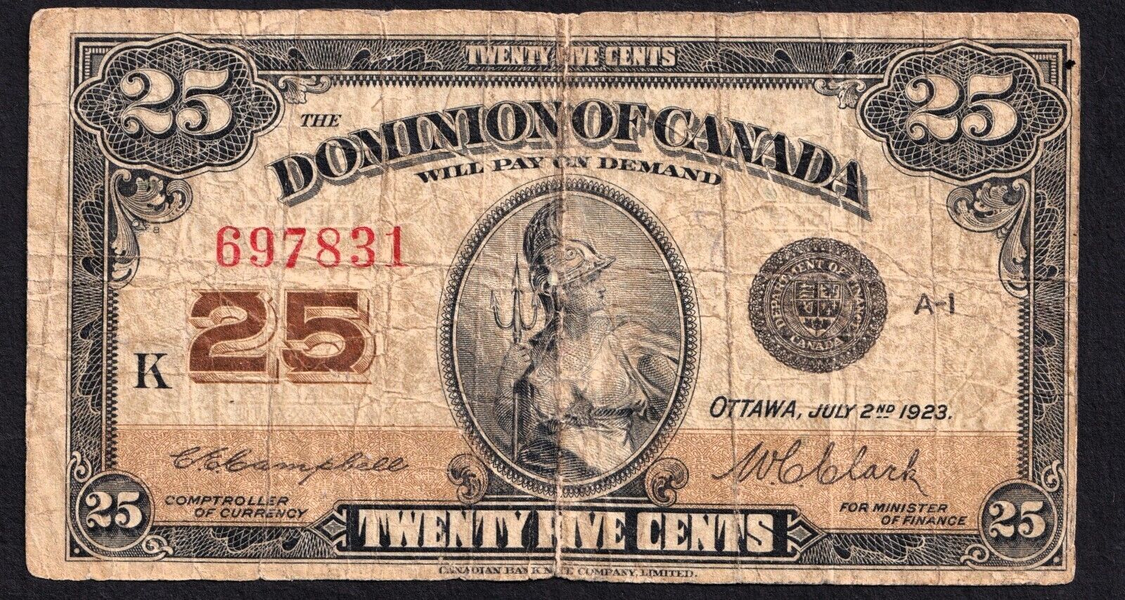 1923 Dominion of Canada 25c Shinplaster Note Campbell - Clark 697831