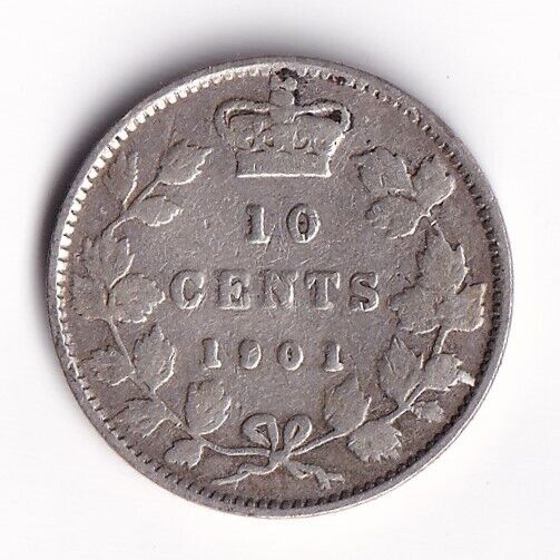 Canada 1901 Ten Cents Dime Queen Victoria .925 Silver Coin - VG