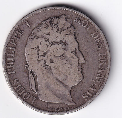 1844 W France 5 Francs Paris Louis Philippe Roi des Francais .900 Silver Large