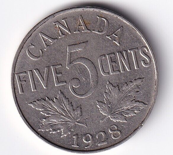 Canada 1928 Five Cent 5c Nickel King George V Very Fine #2