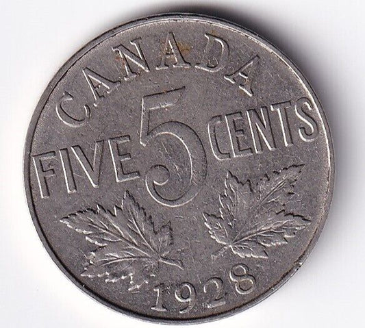 Canada 1928 Five Cent 5c Nickel King George V Very Fine #2