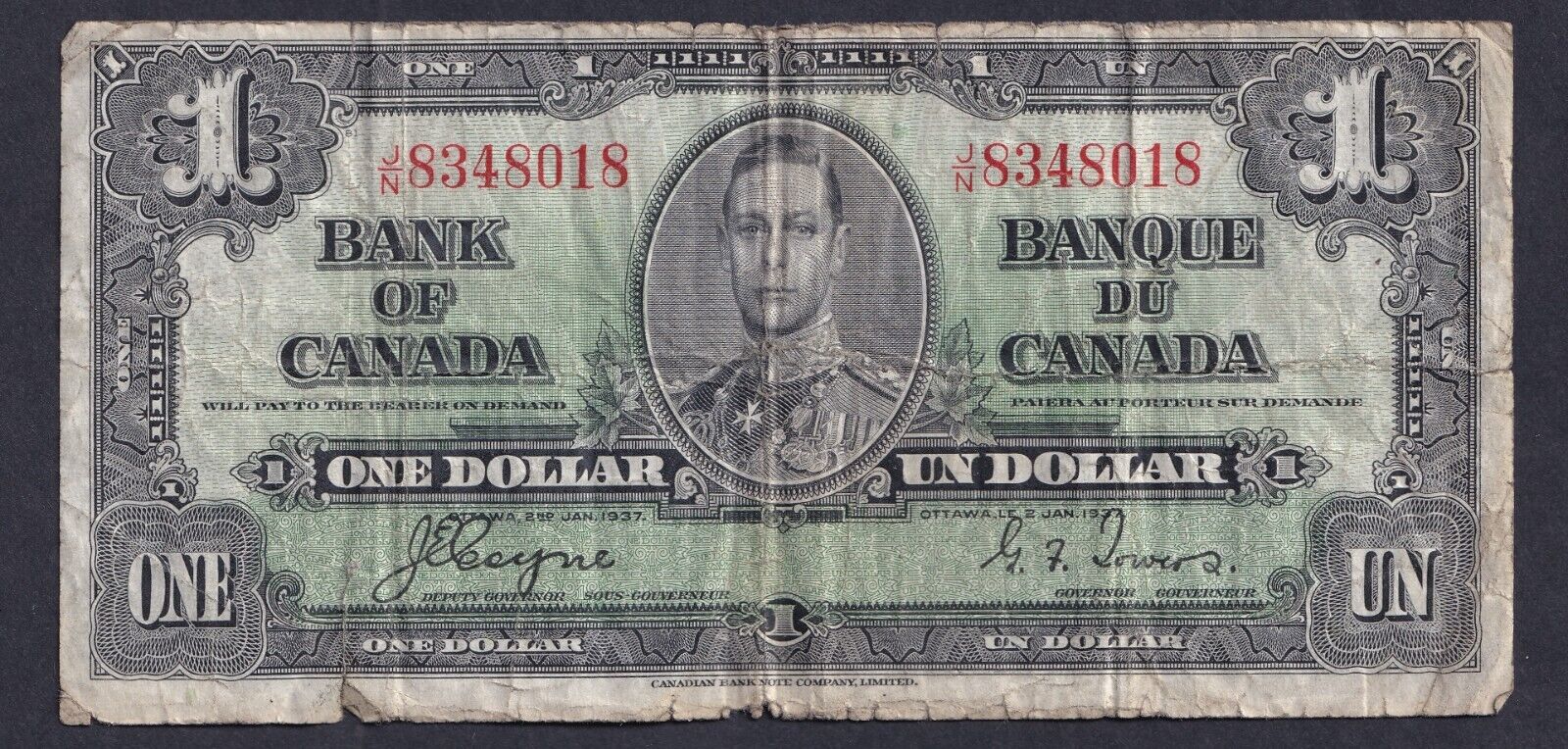 1937 Bank Of Canada $1 One Dollar Coyne - Towers