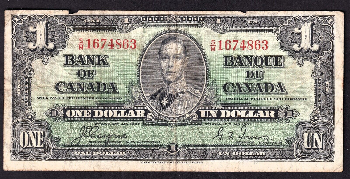 Canada 1937 $1 One Dollar Banknote Coyne - Towers S/M 1674863