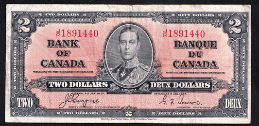 Canada 1937 $2 Two Dollar Banknote Coyne - Towers J/R 1891440