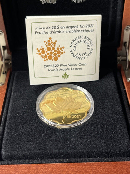 2021 RCM Masters Club Iconic Maple Leaves $20 Pure Silver Proof Gold-Plated Coin