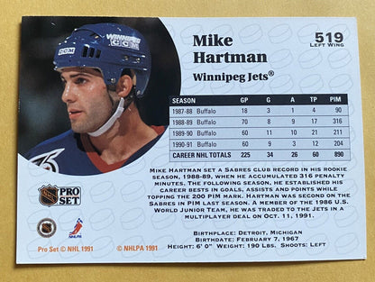 1991-92 Pro Set Mike Hartman Winnipeg Jets #519 257