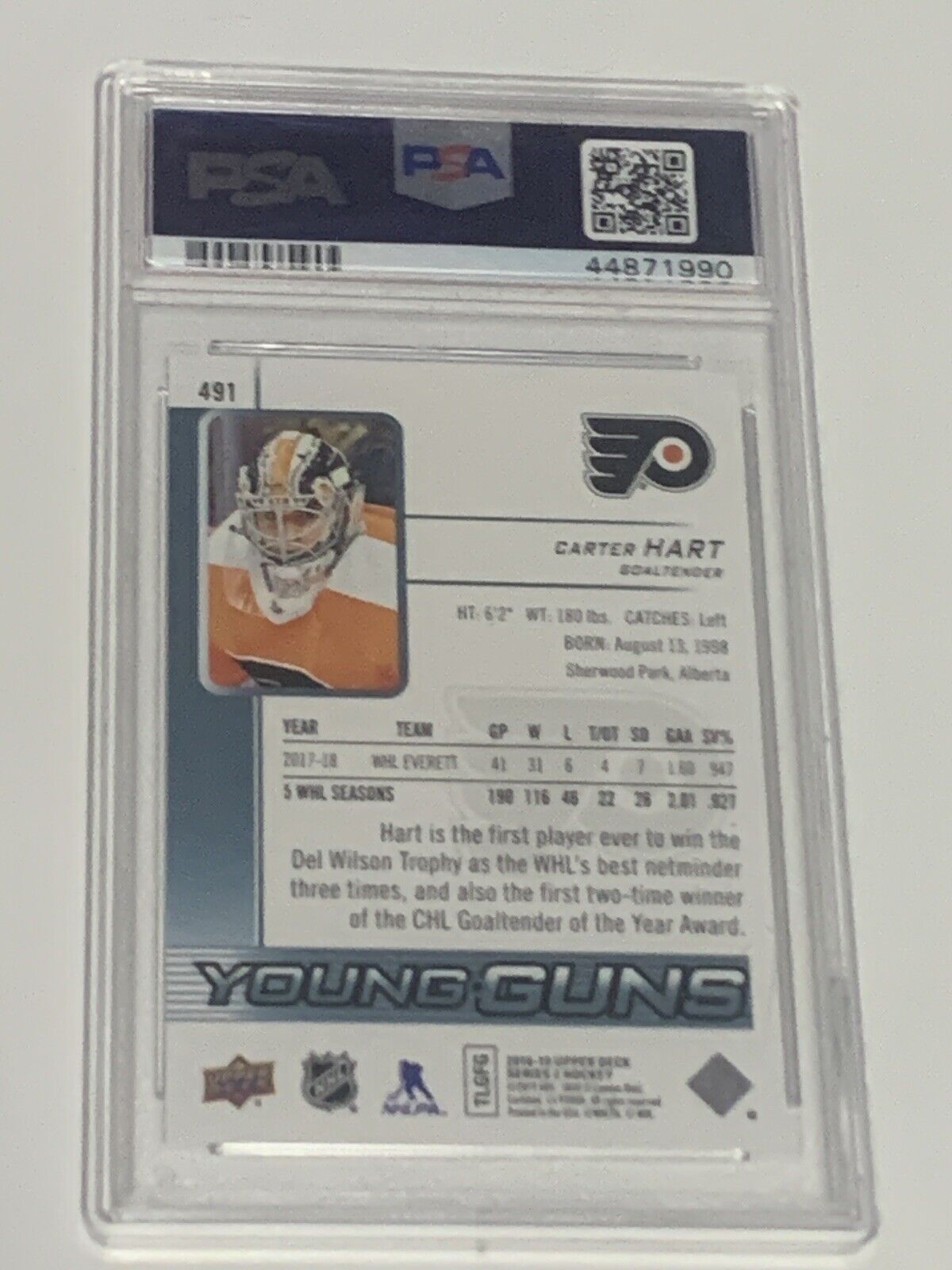 2018 Upper Deck Carter Hart Young Guns #491 RC Rookie PSA 10