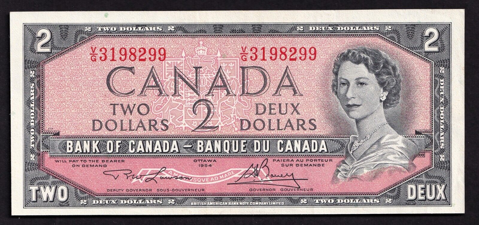 Canada 1954 $2 Two Dollar Banknote Lawson - Bouey V/G 3198299