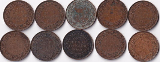 Canada 1913 1 Cent Lot of Ten Large Cents King George V Coins Harder Date