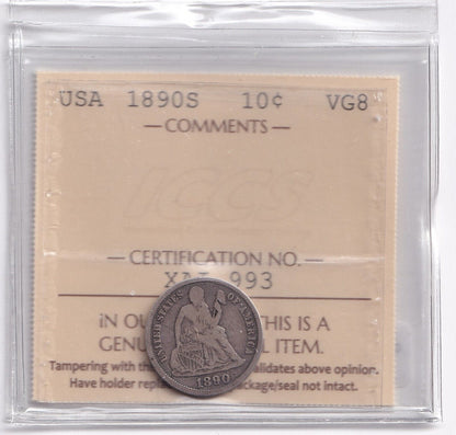 United States USA 1890 S Ten Cent 10c Silver Coin ICCS Graded VG 8