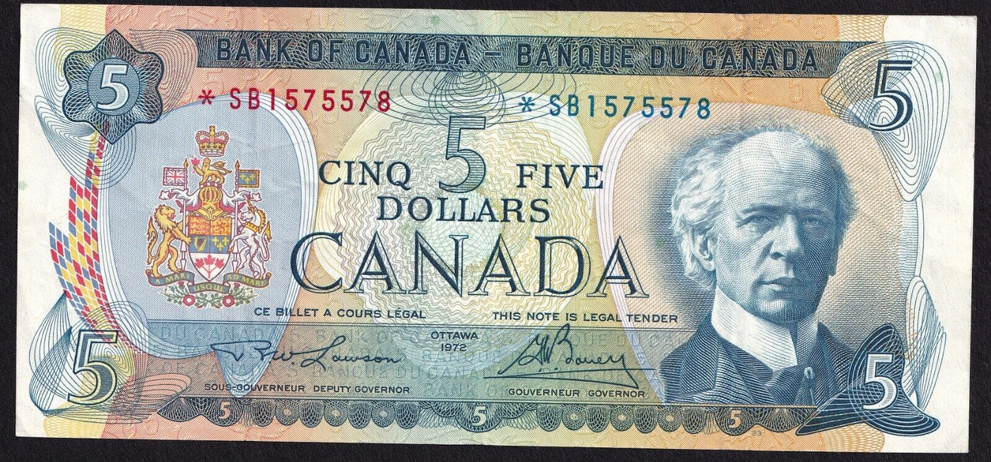 Canada 1972 $5 Five Dollar Banknote Lawson - Bouey Replacement *SB Below 1.6M