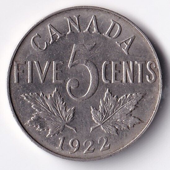 1922 Canada 5 Five Cents King George V Nickel XF