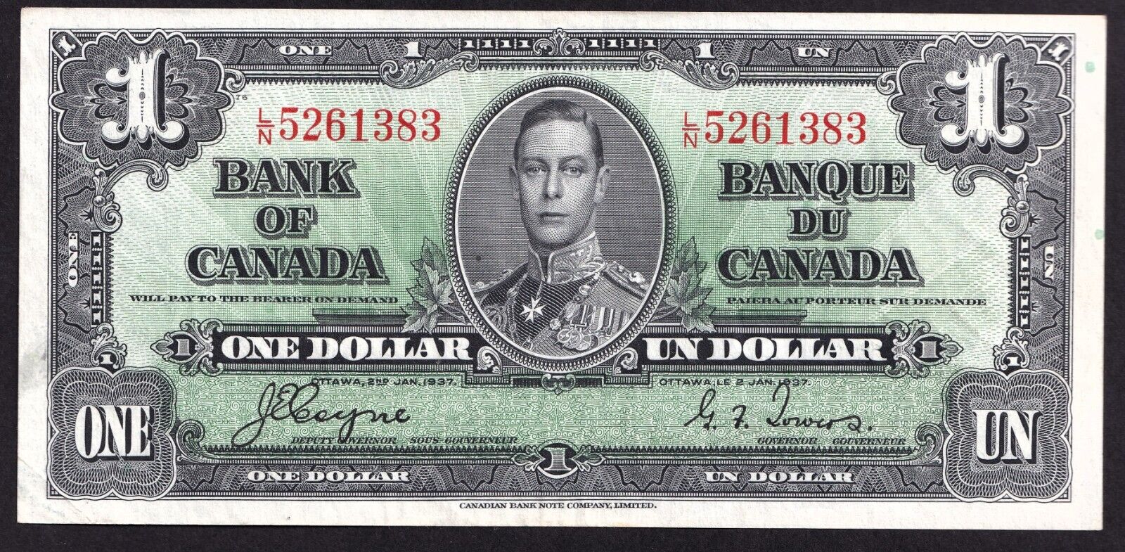 Canada 1937 $1 One Dollar Banknote Coyne - Towers L/N 5261383 Nice Colour