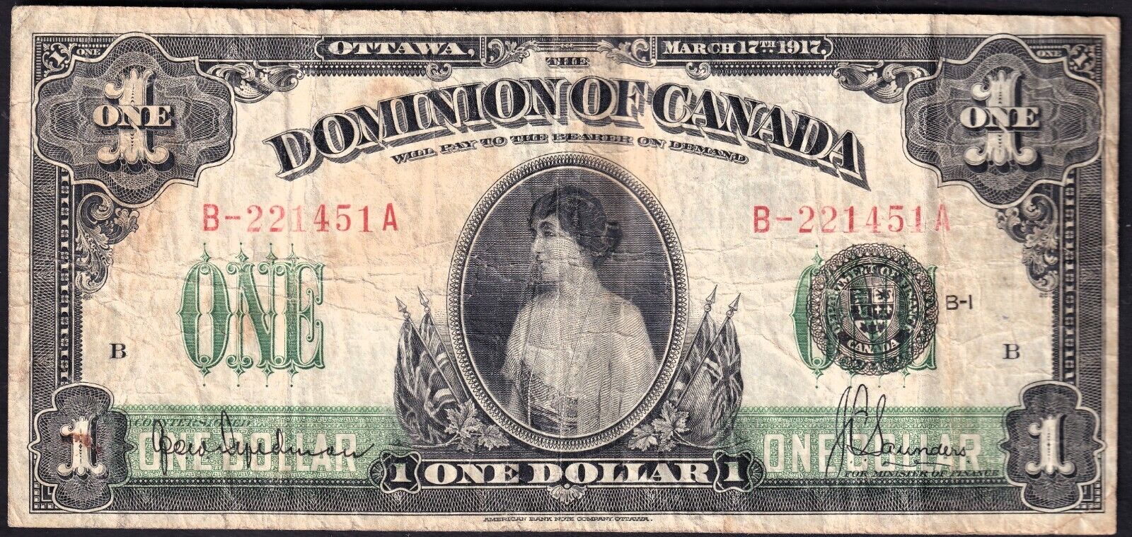 Dominion Of Canada 1917 $1 One Dollar Banknote Saunders B-221451A