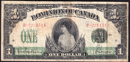 Dominion Of Canada 1917 $1 One Dollar Banknote Saunders B-221451A