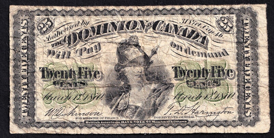 Dominion of Canada 1870 25 Cent Shinplaster Plain Dickinson-Harington Nice Note