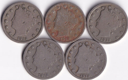 USA 1912 5c Liberty Head Nickel Lot Of Five Harder Date