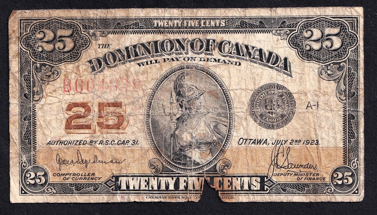 1923 Dominion of Canada 25c Shinplaster Note Hyndman - Sanders