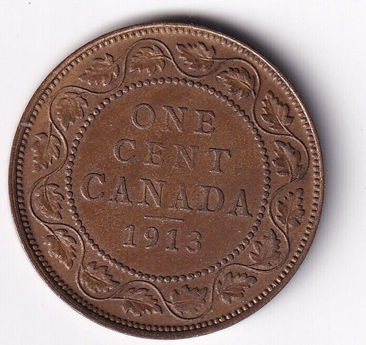 Canada 1913 1 Cent One Large Cent Coin King George V Almost Uncirculated