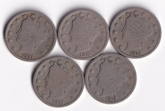 USA 1911 5c Liberty Head Nickel Lot Of Five VG Very Good Harder Date