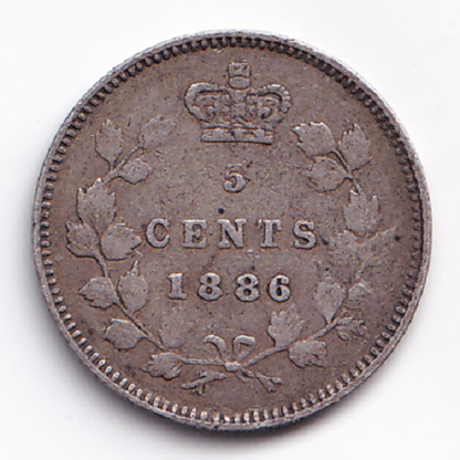 Canada 1886 5C 5 Cents Small "6" Queen Victoria .925 Silver Coin