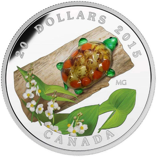 2015 $20 Venetian Glass Turtle with Broadleaf Arrowhead Flower in Murano Glass - Pure Silver Coin - cscoinsnbanknotes