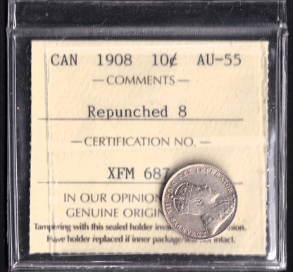 Canada 1908 10 Cent Ten Cent Coin ICCS Certified AU-55 Repunched 8 Rare