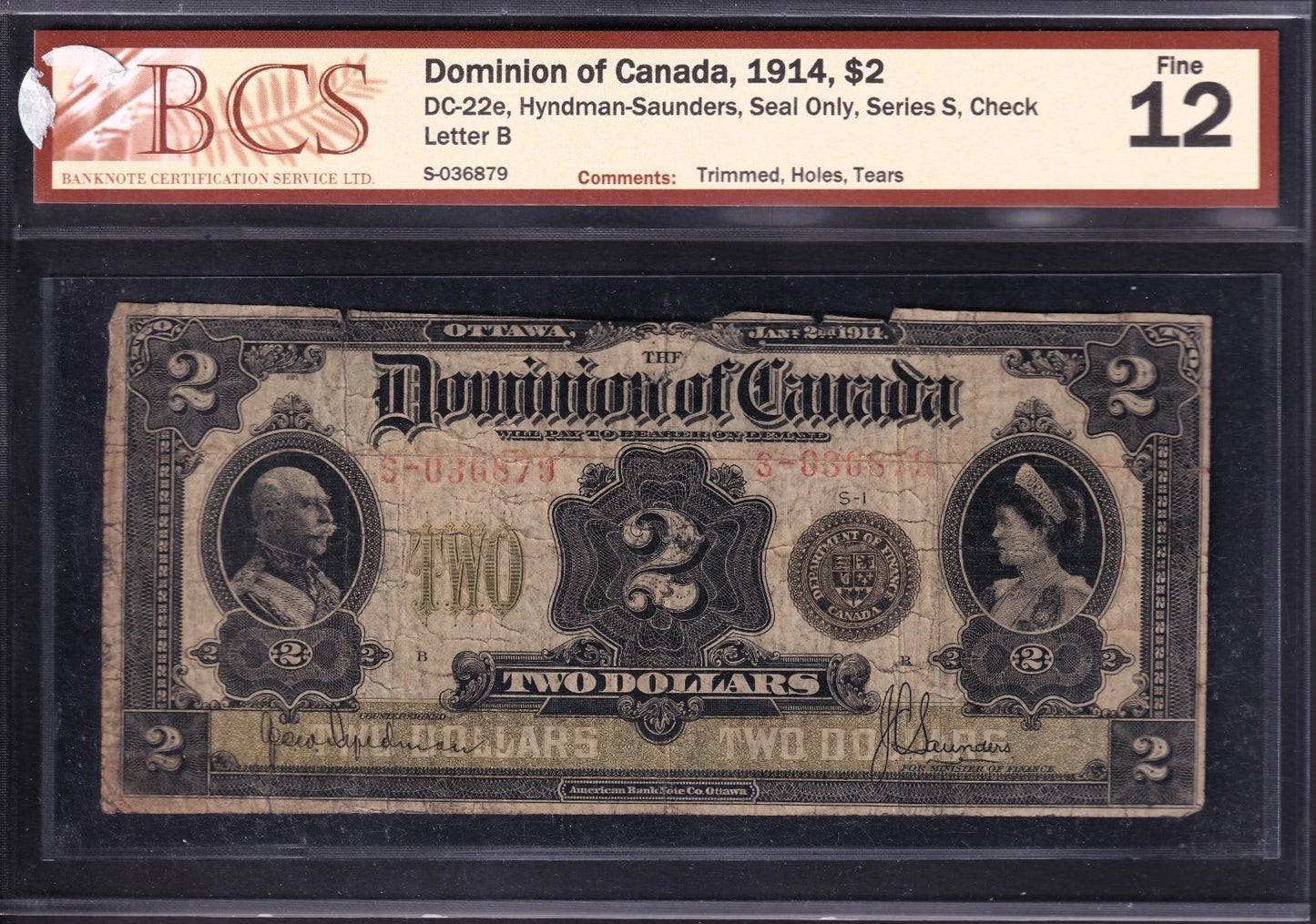 Dominion Of Canada 1914 $2 Two Dollar Banknote BCS Graded F12 Seal Only Series S - cscoinsnbanknotes