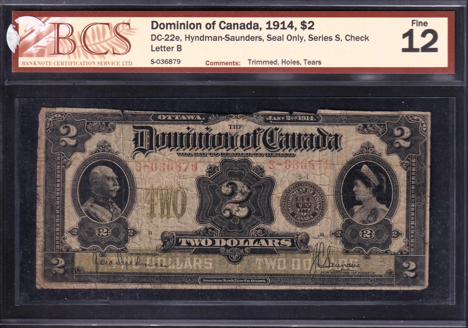 Dominion Of Canada 1914 $2 Two Dollar Banknote BCS Graded F12 Seal Only Series S - cscoinsnbanknotes
