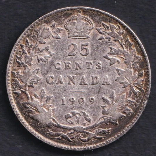 1909 Canada Silver Quarter 25 Twenty Five Cent Piece King Edward Key Date VF
