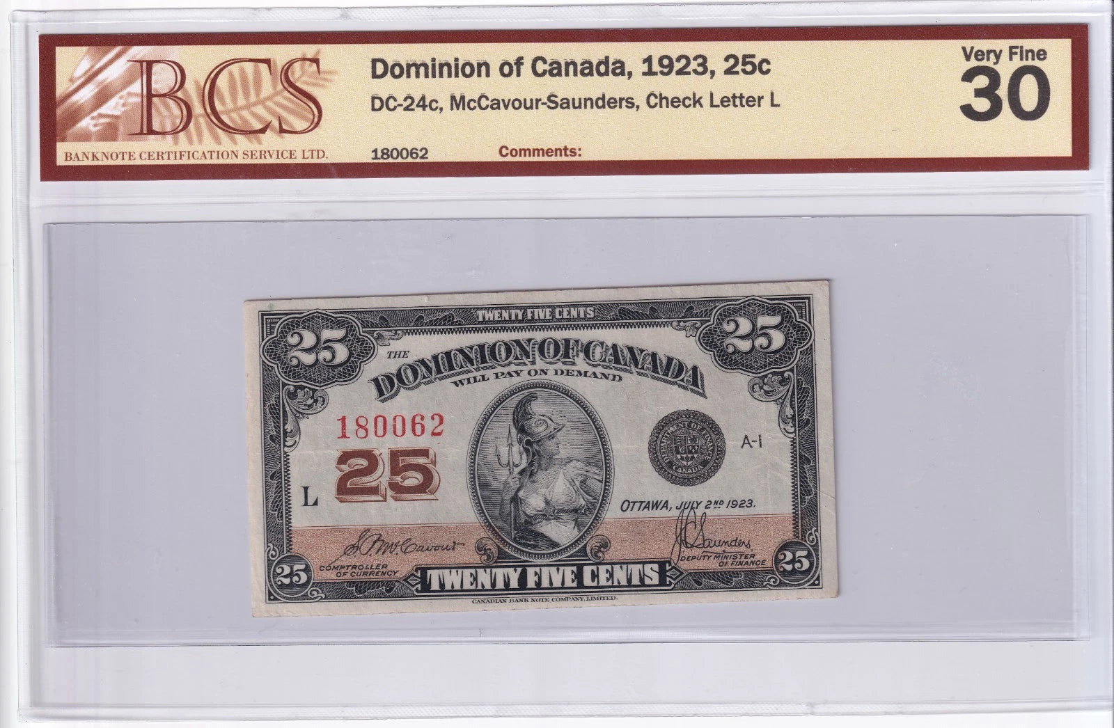 Dominion Of Canada 1923 25c Twenty Five Cent Shinplaster BCS Graded VF30 Check L - cscoinsnbanknotes