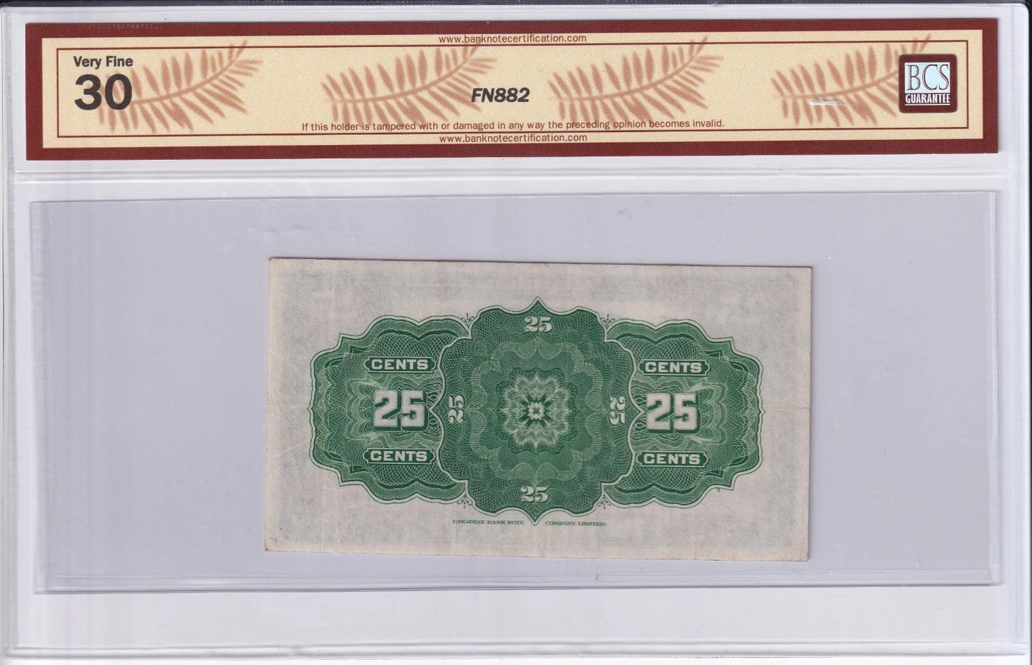 Dominion Of Canada 1923 25c Twenty Five Cent Shinplaster BCS Graded VF30 Check L - cscoinsnbanknotes