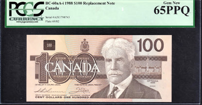 Canada 1988 $100 One Hundred Dollar Replacement Banknote AJX PCGS Gem New 65 PPQ - cscoinsnbanknotes