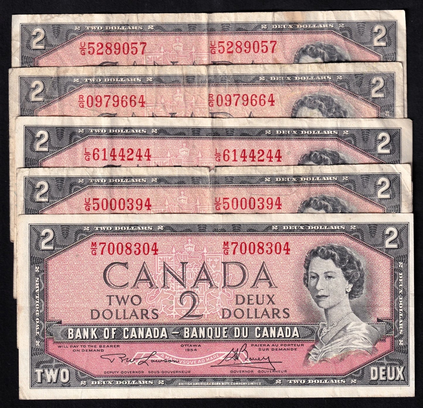 Lot Of 5x Canada 1954 $2 Banknote | Modified Portrait | Circulated - cscoinsnbanknotes