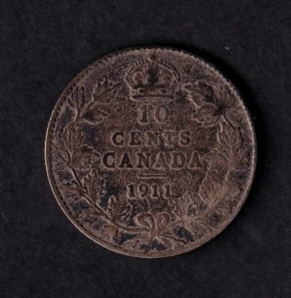 Canada 1911 10c Ten Cent Silver Coin King George V F Fine .925 Silver