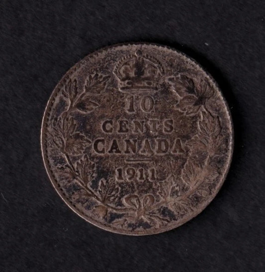 Canada 1911 10c Ten Cent Silver Coin King George V F Fine .925 Silver