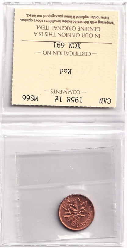 Canada 1958 One Penny Queen Elizabeth II ICCS Graded MS 65 Red