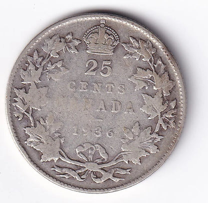 1936 Canada Silver Quarter 25 Twenty Five Cent Piece King George V Semi Key