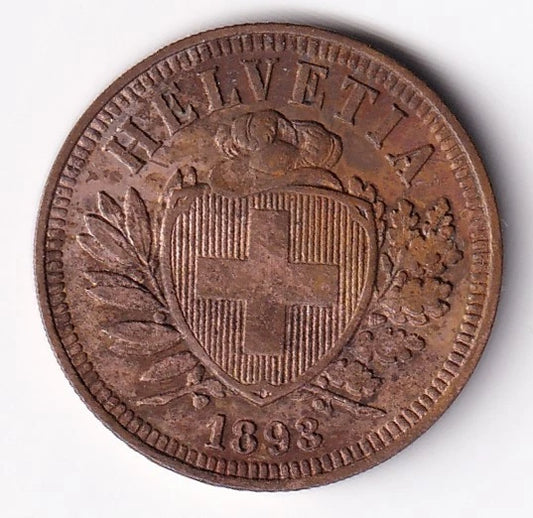 Switzerland 1893B 2 Two Rappen Bronze Coin Bern Mintmark - cscoinsnbanknotes