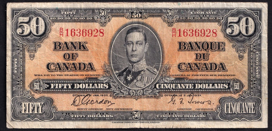 Canada 1937 $50 Fifty Dollar Banknote Gordon - Towers BC-26b F Fine