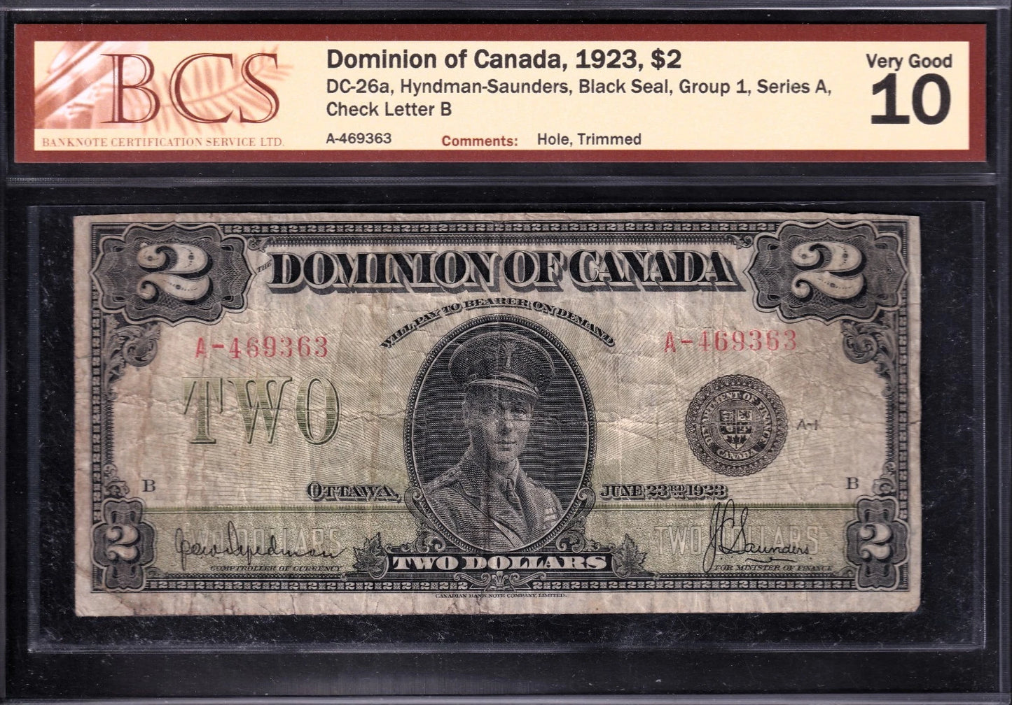 Dominion Of Canada 1923 $2 Two Dollar Banknote BCS Graded VG10 Black Seal Group1 - cscoinsnbanknotes