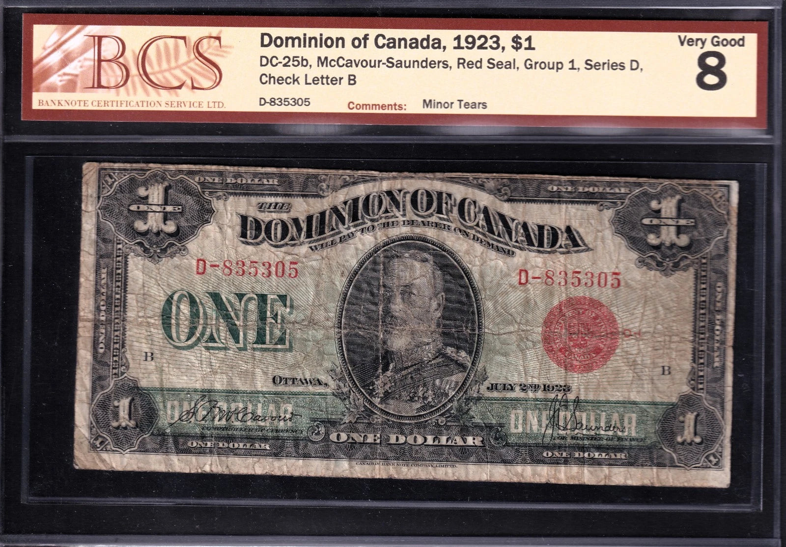 Dominion Of Canada 1923 $1 One Dollar Banknote BCS Graded VG 8 Red Seal Group 1 - cscoinsnbanknotes