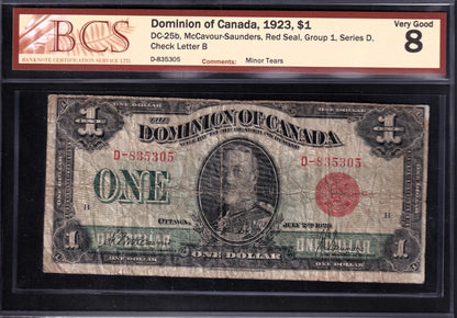 Dominion Of Canada 1923 $1 One Dollar Banknote BCS Graded VG 8 Red Seal Group 1 - cscoinsnbanknotes